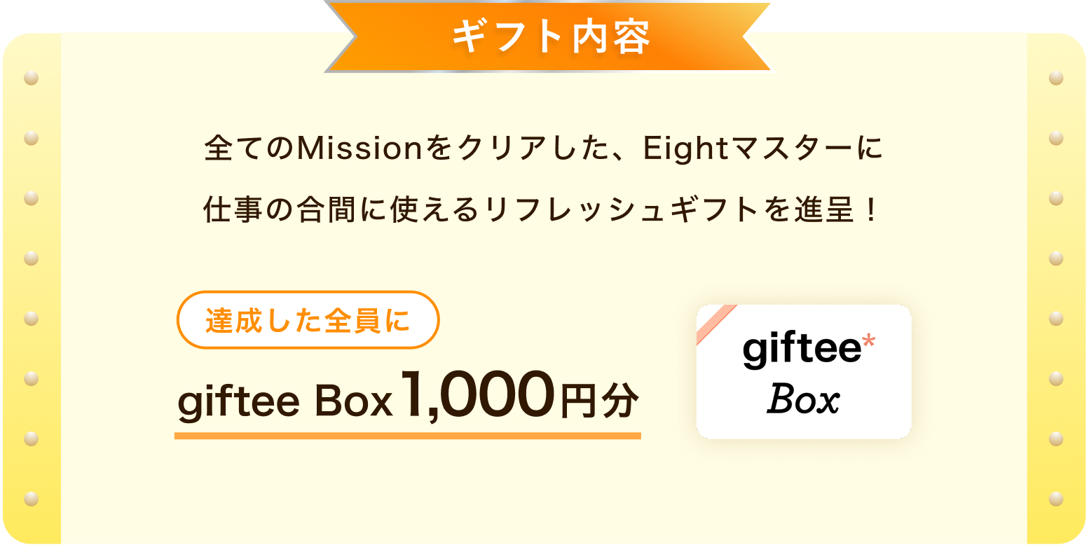 ギフト 全てのミッションをクリアした、Eightマスターに仕事の合間に使えるリフレッシュギフトを進呈！ 達成した全員にgiftee Box 1,000円分