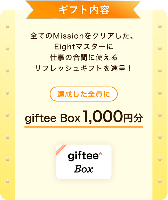 ギフト 全てのミッションをクリアした、Eightマスターに仕事の合間に使えるリフレッシュギフトを進呈！ 達成した全員にgiftee Box 1,000円分